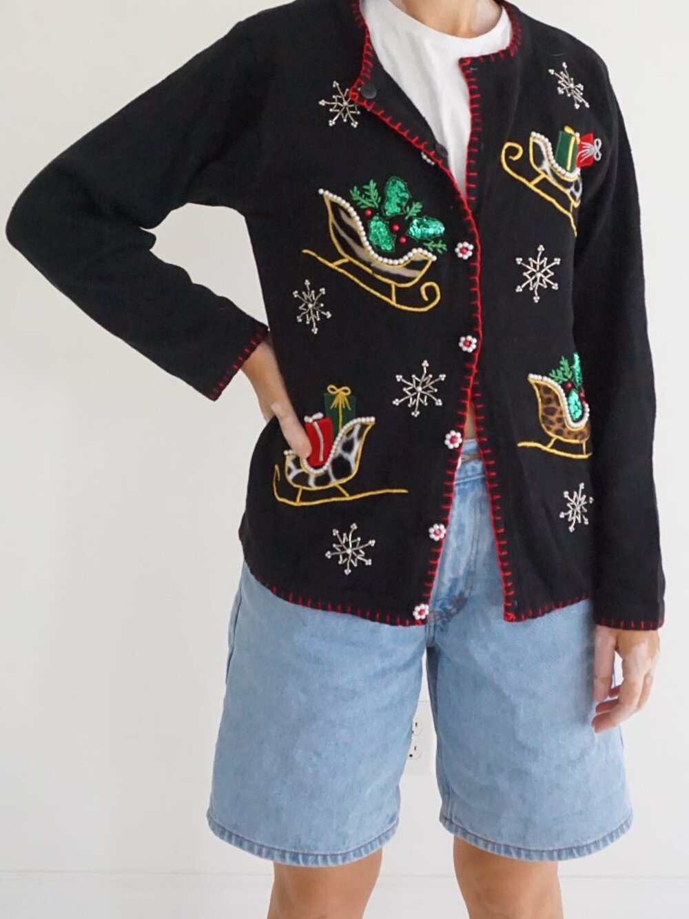 Vintage B.P. Design Black Sleigh Gift Snowflake Beaded Ugly Christmas Cardigan S
